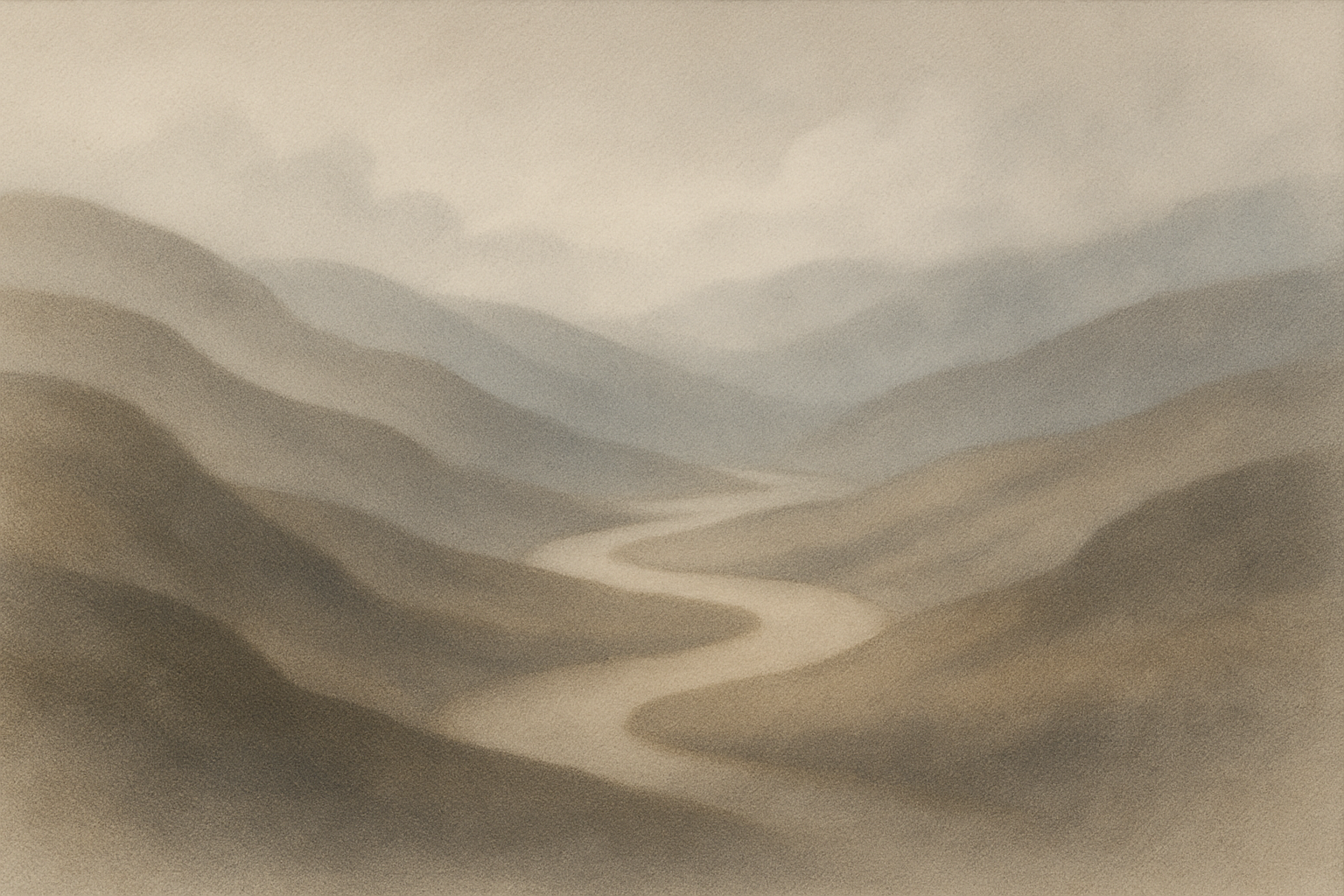 A soft-gold river winding through parchment and ash-tinted hills.
